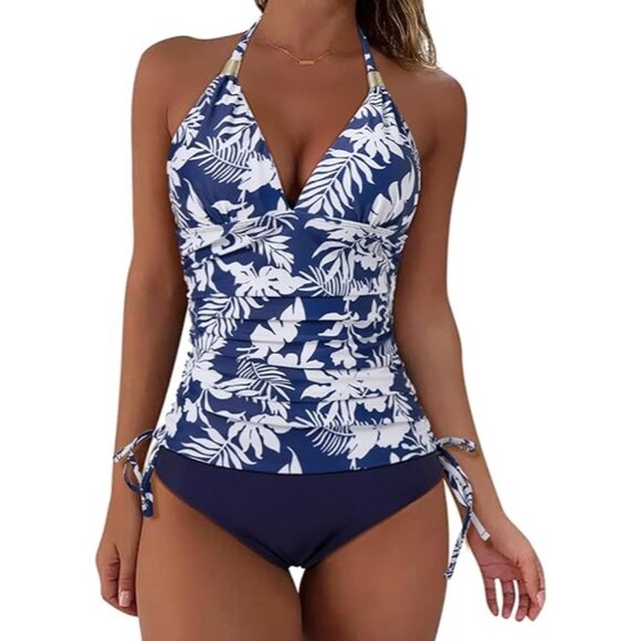 Suukess Gold Metal Sliders Floral Halter High Waisted Swimsuit Size Large - Picture 1 of 13